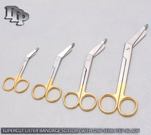 4 SUPERCUT LISTER BANDAGE SCISSORS 3.5&#034; + 4.5&#034; + 5.5&#034; + 7.5&#034; GOLD SERRATED BLADE