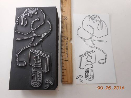 Letterpress Printing Printers Block, Medical Bag Stethoscope, 1st Aid Kit, Pills