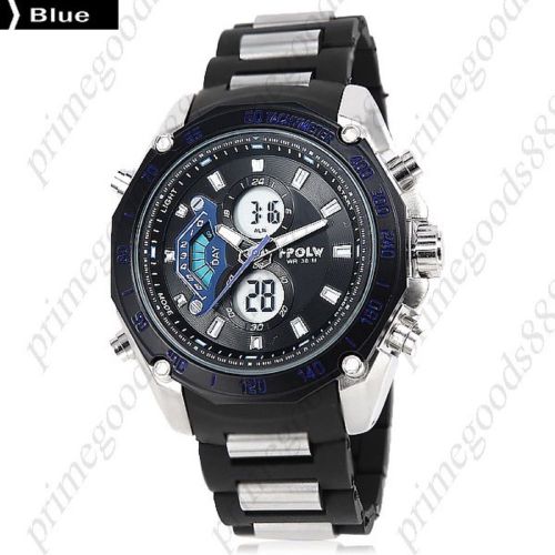 2 time zone zones silicone date digital analog quartz men&#039;s wristwatch blue for sale