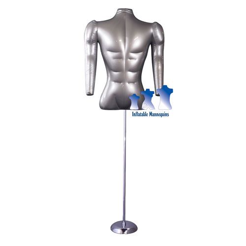 Inflatable male torso with arms, silver and ms1 stand for sale