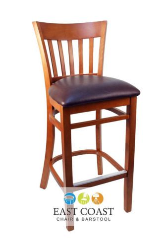 New gladiator cherry vertical back wooden bar stool with brown vinyl seat for sale
