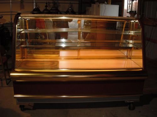 72&#034; REFRIGERATED MARBLE TOP CURVED GLASS LIGHTED  CANDY CASE W/CASTERS