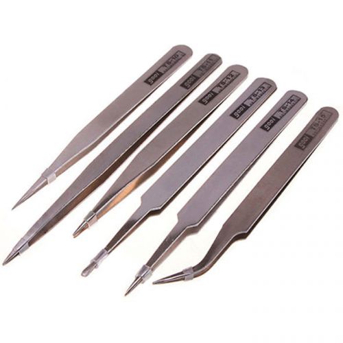 Hot 6Pcs Anti-static Stainless Steel Standard Tweezers Maintenance Tool Kit Set