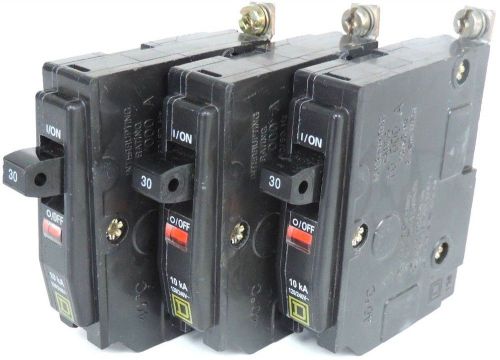 Lot of 3 square d qob130 circuit breakers 30a, 1 pole, 120/240v, 50/60hz for sale