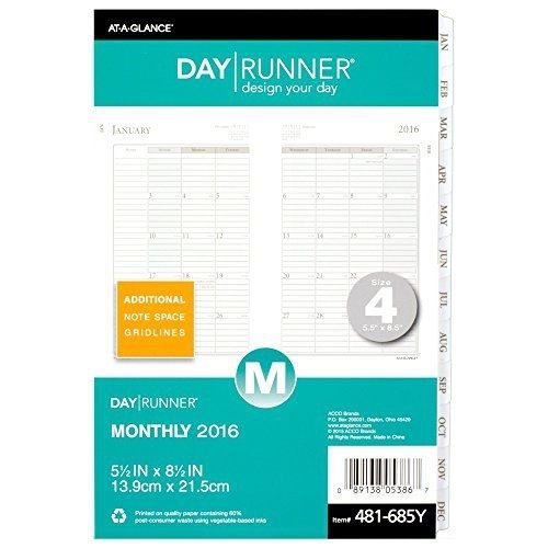 Day Runner Monthly Planning Pages 2016, 12 Months, Loose-Leaf, Size 4, 5.5 x 8.5