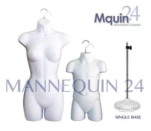 2 MANNEQQUIN: FEMALE &amp; CHILD FORMS +1 STAND +2 HANGERS, WHITE DRESS BODY FORMS