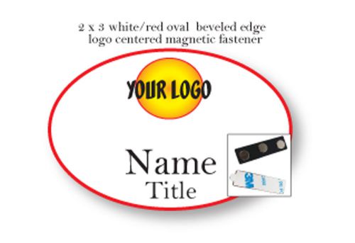 100 WH/RED OVALS NAME BADGES FULL COLOR 2 LINES OF IMPRINT  MAGNETIC FASTENER