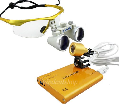 1pc 3.5X-420mm Dental Surgical Binocular Loupes LED Head Light Golden