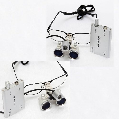 2 kits 3.5x 420mm Dental Binocular Loupes Surgical Glasses + LED Head Light Lamp