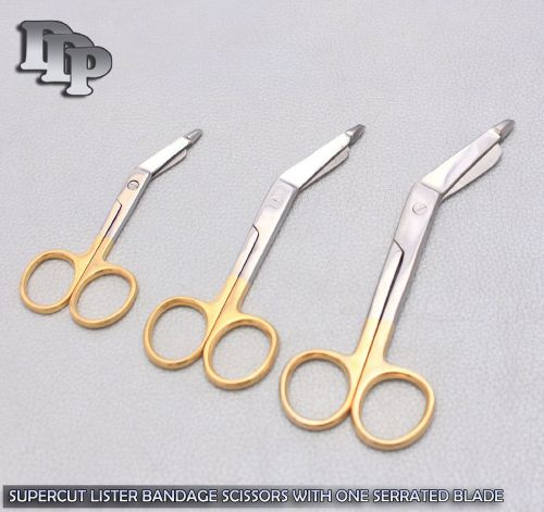 3 SUPERCUT LISTER BANDAGE SCISSORS 4.5&#034; + 5.5&#034; + 7.5&#034; GOLD HANDLE SERRATED BLADE