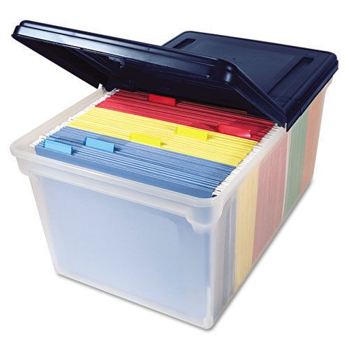 File Tote Storage Box with Lid , Letter, Plastic, Clear/Navy