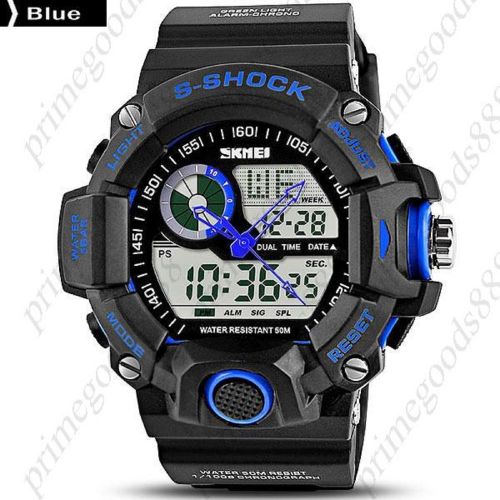 2 time zone 50 m water proof analog digital date led wristwatch men&#039;s blue for sale