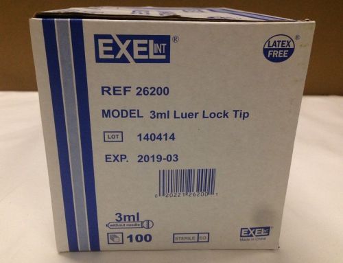 Exel disposable syringes only, 3cc / 3ml, ref 26200, 100/box, exp 2019-03 for sale