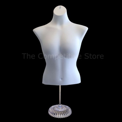 White Busty Female Torso Countertop Mannequin Form (Waist Long) w/ Plastic Base