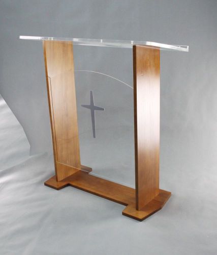 Wood Acrylic Podium, Optional Cross Plain Front Panel 46.5&#034; Tall - Brown 19657