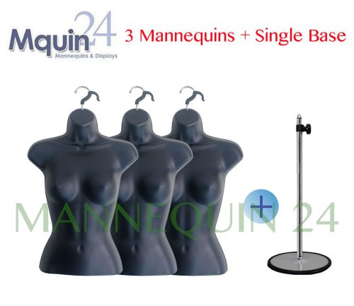 LOT of 3 FEMALE MANNEQUINS +1 STAND +3 HANGERS BLACK FEMALE TORSO FORM DISPLAY