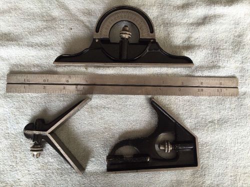 4 pc. Starrett 12&#034; Combination Square, Center Head &amp; Bevel Protractor Set