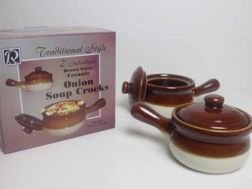 R &amp; M International Set Of 2 Individual Onion Soup Lidded Crocks Brown &amp; White