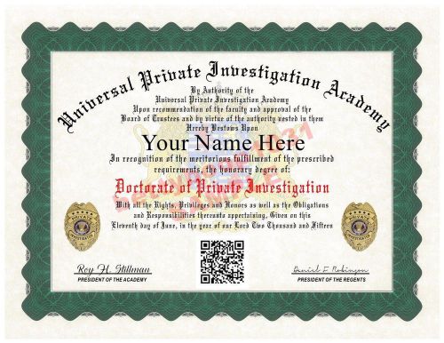 Private investigator diploma prop - (custom w your name) scannable qr code for sale