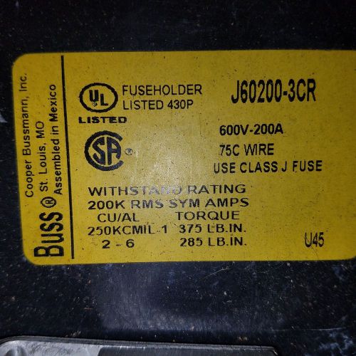 COOPER BUSSMANN J60200-3CR FUSE BLOCK, CLASS J, 200A, 600V