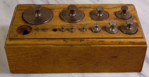 Vintage henry troemner scale weight set 12 pieces in oak wood box for sale