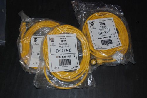 Lot of 3 Allen-Bradley AB Cordset 889N-R4AE-12M 12 meters 4 pin Mini Female Plug