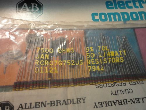 NOS 50PCS ALLEN BRADLEY 7.5K-1/4W-5% RC07GF752J 1/4 watt CARBON COMP.RESISTOR