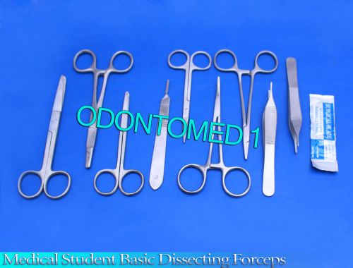 19 PCS MEDICAL STUDENT BASIC DISSECTING FORCEPS SCISSORS KIT+SCALPEL BLADES #10