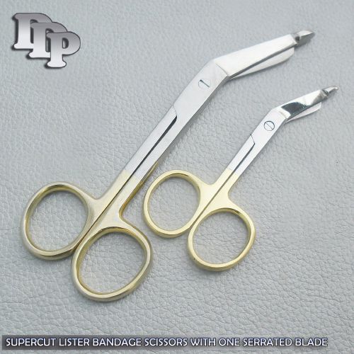 2 SUPERCUT LISTER BANDAGE SCISSORS 5.5&#034; + 7.25&#034; GOLD HANDLE ONE SERRATED BLADE