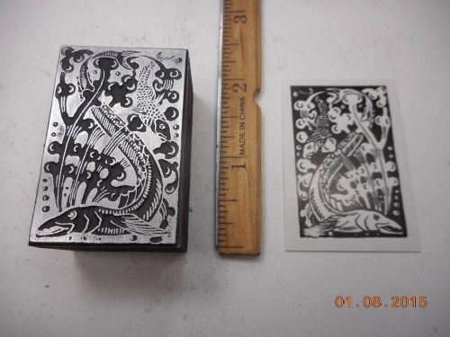 Letterpress Printing Printers Block, Bubbling Fish weave thru Seaweed