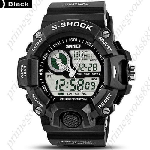 2 time zone 50 m water proof analog digital date led wristwatch men&#039;s black for sale