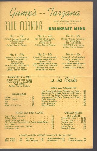 VINTAGE EPHEMERA ? 88AA GUMPS TARZANA MENU VENTURA BLVD