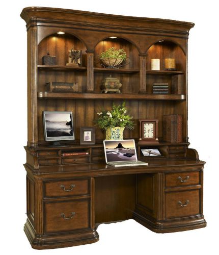 Devonshire Walnut Computer Credenza &amp; Hutch with Tablet &amp; Phone Docking Station