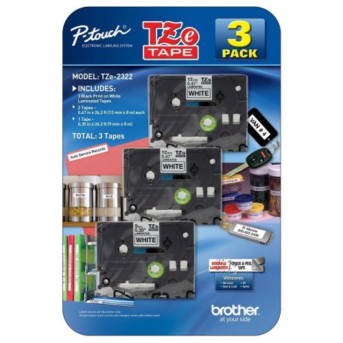 Genuine Brother P-touch 3 Pack TZe-2322 Black Print White Tape Label Cartridges