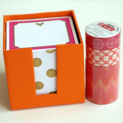 Bright pink + orange washi tape &amp; notecube sticky pad school desk for sale