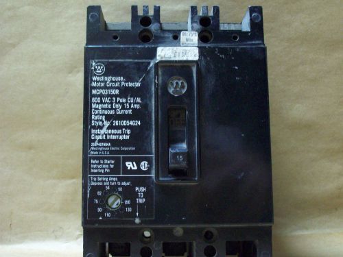 CUTLER HAMMER MOLDED CASE CIRCUIT BREAKER 15A 600VAC 3P MCP03150R USED &lt;859ER23