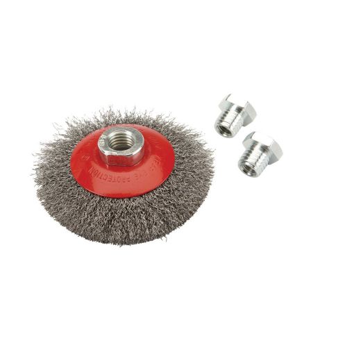 4&#034; Crimped Beveled Wire Brush, 5/8&#034; Arbo,r 12,500 RPM Maximum, Carbon Steel Wire