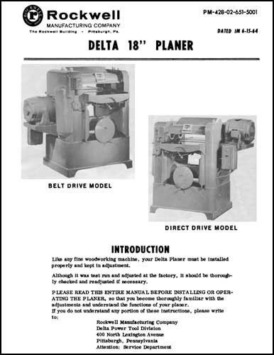 Rockwell delta 18 inch planer manual 1964 for sale