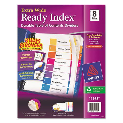 Extra-wide ready index dividers, 8-tab, 9 1/2 x 11, assorted, 8/set for sale