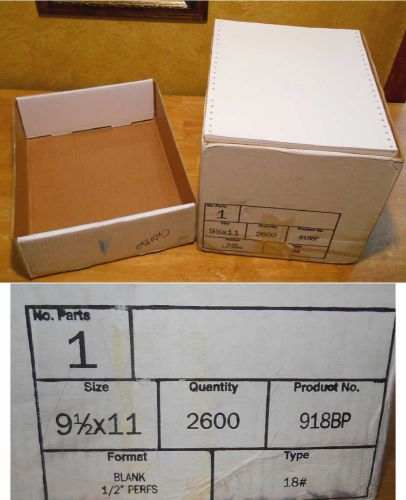 1 BOX Continuous Computer Paper,9-1/2&#034; X 11&#034;,1 Part, Blank, 1/2&#034; Pref,2600 918BP