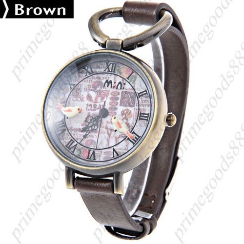 3D Birds PU Leather Quartz Analog Wrist Lady Ladies Wristwatch Women&#039;s Brown