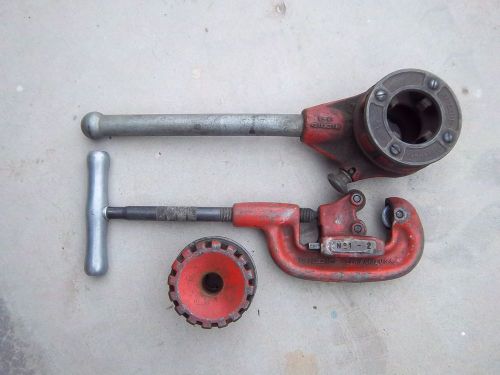 Used ridgid no. 1-2 pipe cutter, ratcheting threader and 2 dies for sale