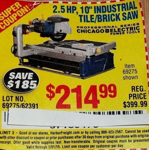 2.5 hp, 10&#034; industrial tile/brick saw coupon only&#034; for sale