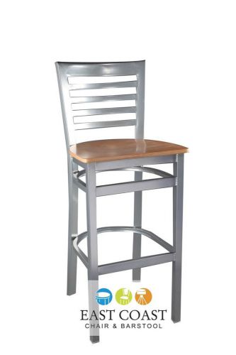 New Gladiator Silver Full Ladder Back Restaurant Bar Stool w/ Natural Wood Seat