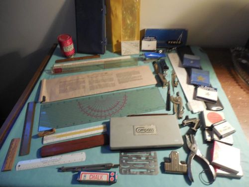 LOT OF VINTAGE OFFICE &amp; DRAFTING SUPPLIES - SLIDE RULE, COMPASS, GUMMED LABELS+