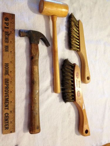 Vintage machinist soft wire brushes, wooden hammer  and small claw hammer for sale