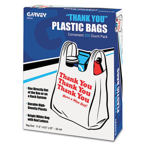 &#034;Thank You&#034; Bags, Printed, Plastic, .5mil, 11 x 22, White, 250/Box