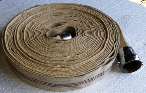 Fm 1 1/2&#034; nst 70&#039; 250 psi linen fire hose brass coupling rack ex 1634 vintage for sale