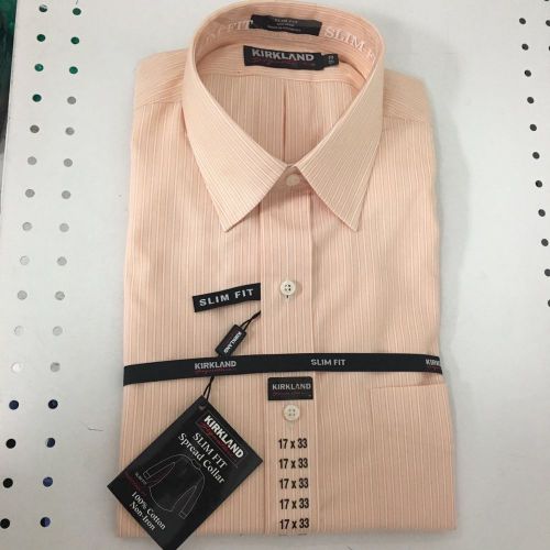 NWT Pin Strip Orange Slim Fit Dress Work Shirt Kirkland Signature Size 17 x 33