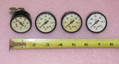 (4) High Pressure Gauges (2) 300 &amp; (2) 600 PSI 1-5/8&#034; Dia. 1/8&#034; NPT Used/Tested